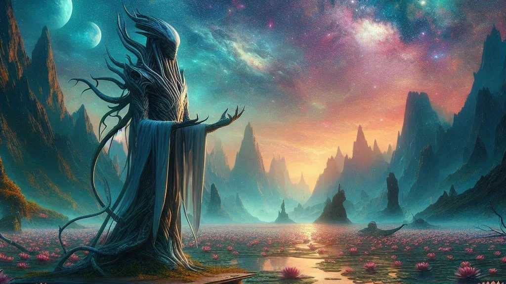 a guide to better world building for beginners alien meditating on a lake of water lillies