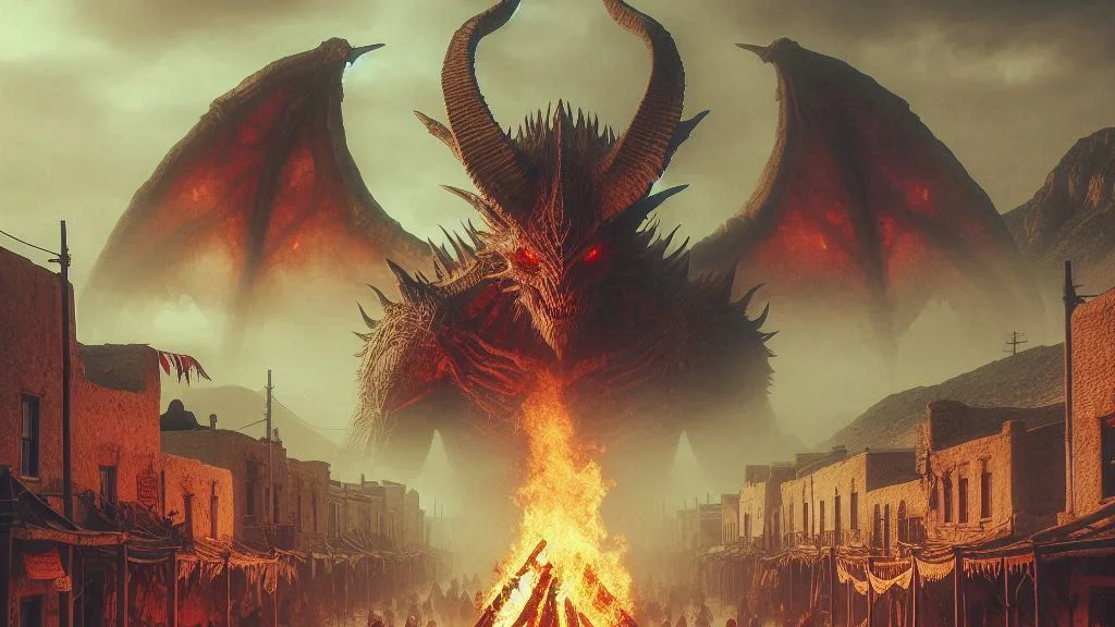 a guide to better world building for beginners demon looms over a bonfire in a desert town