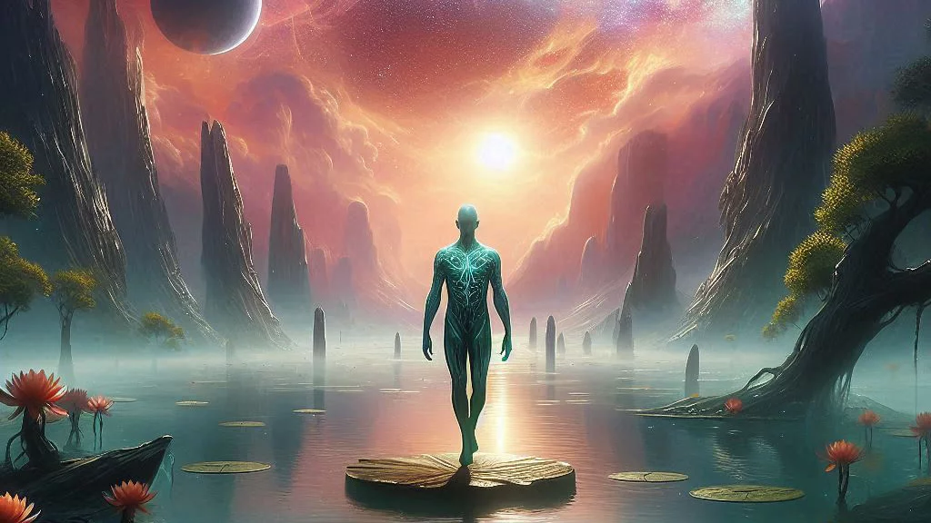 a lone figure stands on a lilly in a lake