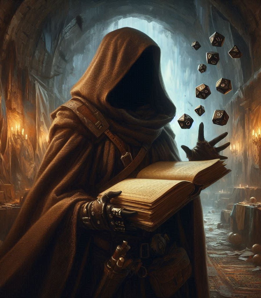 a hooded game master holds a book and throws dice in the air in a flame lit dungeon a hooded game master holds a book and throws dice in the air in a flame lit dungeon