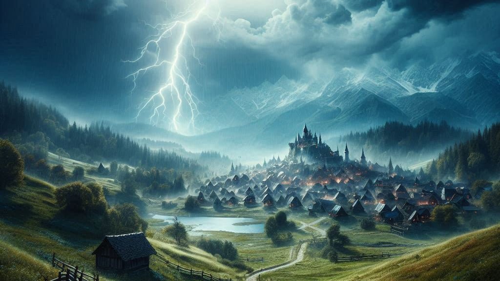 A fantasy village with lightning in the sky over head. Illuminated by a bolt of lightning.