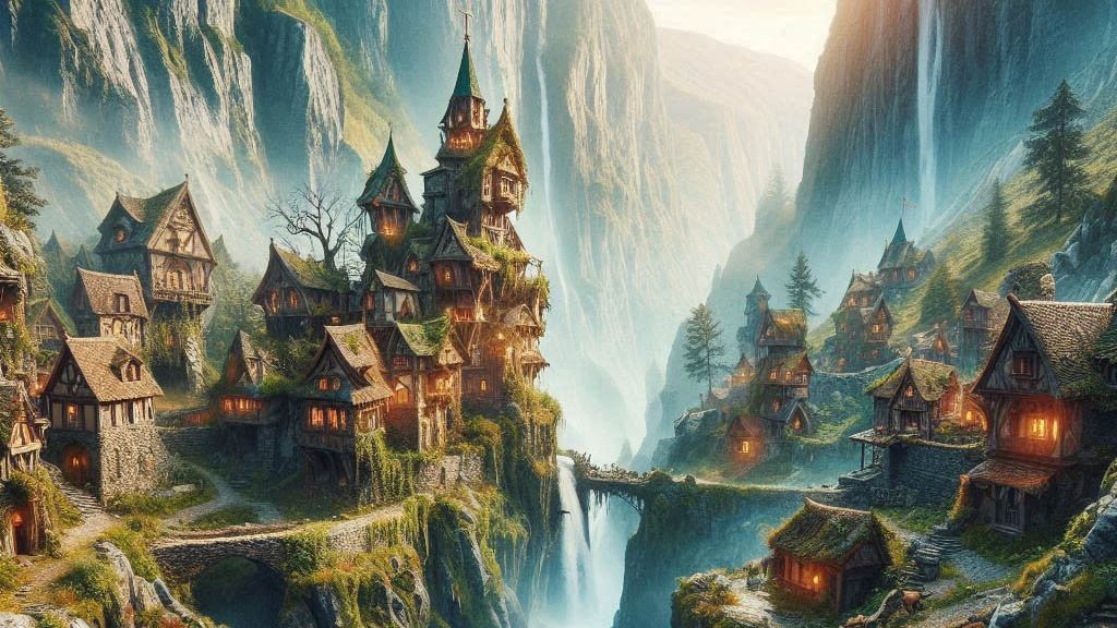 A fantasy village with wooden houses built on cliffs, connected by bridges, with waterfalls and dense forests in the background, illuminated by glowing lights.