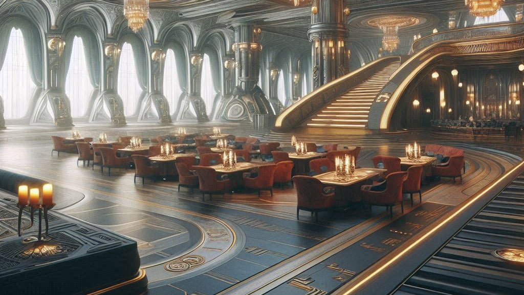 a sci fi fantasy setting of an empty hotel dining area with a large staircase at the back