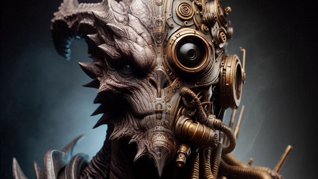 a fantasy super imposed image pf a steampunk face merging with a humanoid reptilian face