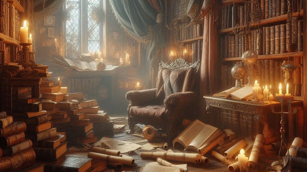 a fantasy library with open books, scrolls, and a chair. Illuminated by sunlight through a window and candles.