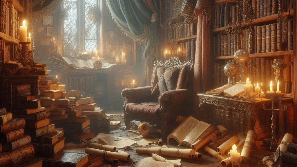 a fantasy library with open books, scrolls, and a chair. Illuminated by sunlight through a window and candles.