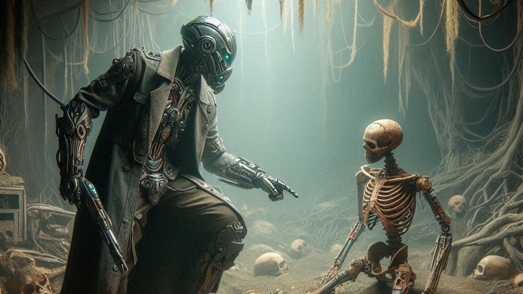 an underground fantasy setting where a cyborg find the remains of a human skeleton