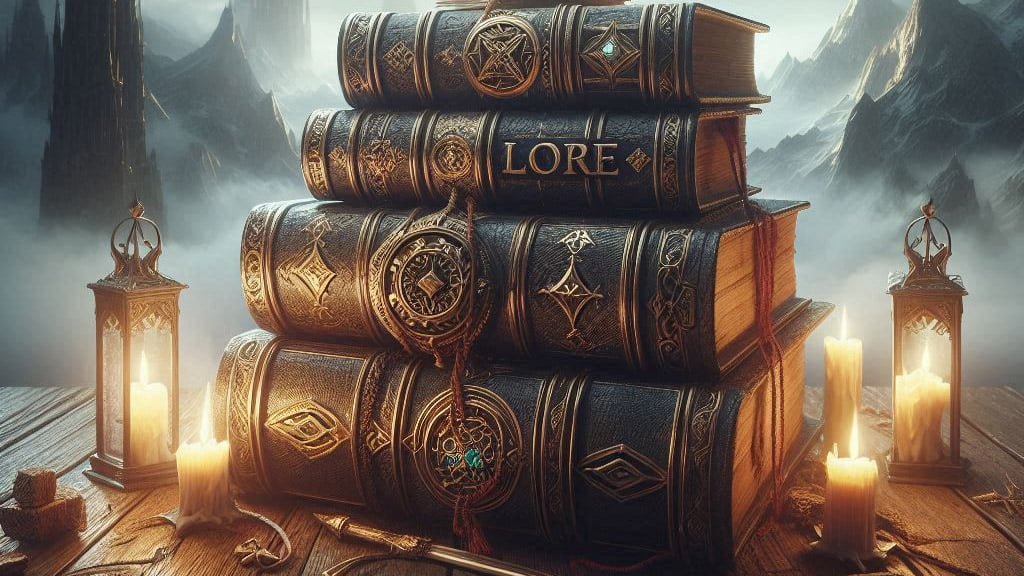 a stack of four books on a table lit by candles