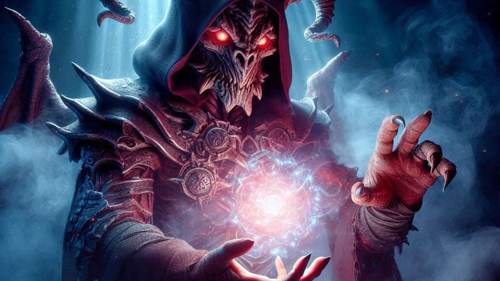 a monster with glowing eyes holds a ball of purple magic in its palm