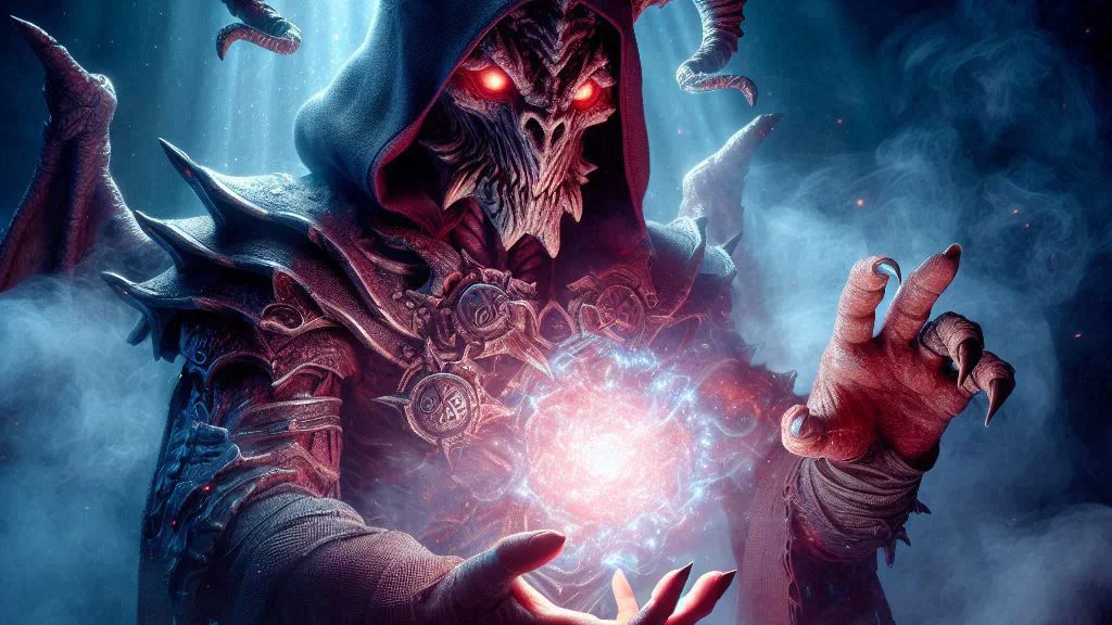 a monster with glowing eyes holds a ball of purple magic in its palm