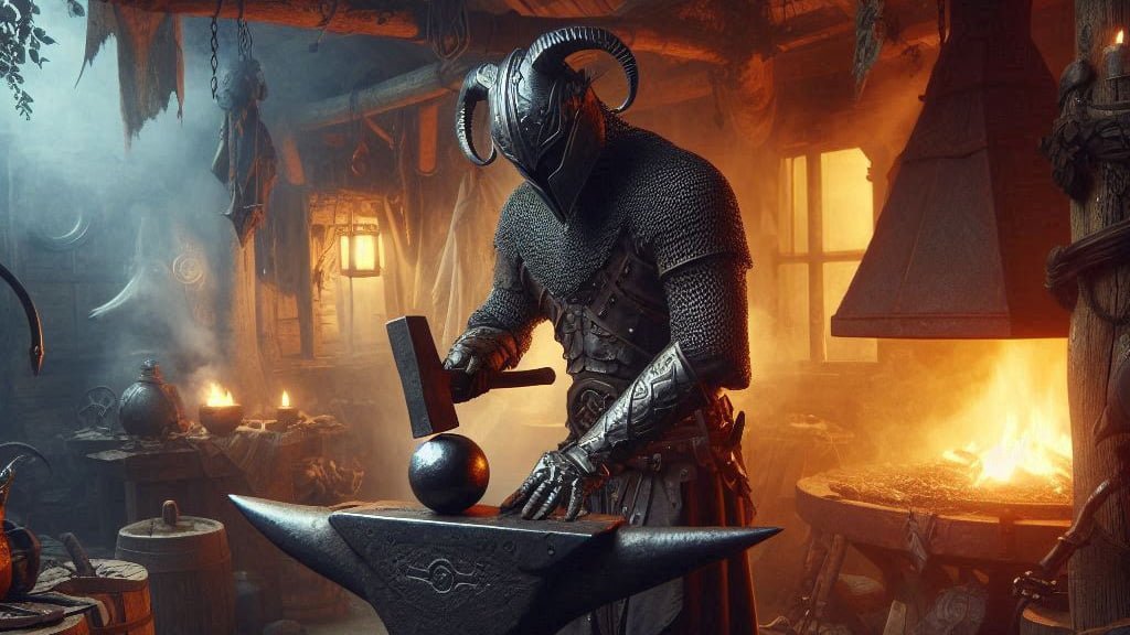 A blacksmith in medieval armor with horned helmet hammers a glowing metal sphere on an anvil inside a dimly lit forge.