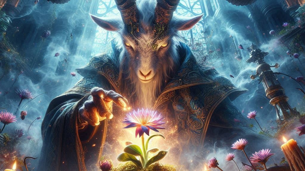 a fantasy goat like mage grows a flower with magic