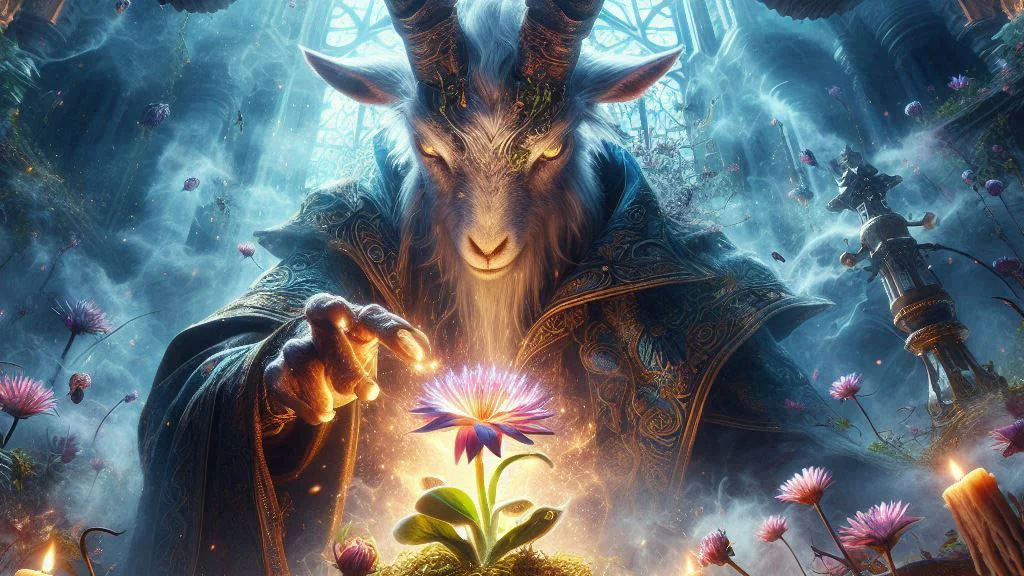 a fantasy goat like mage grows a flower with magic
