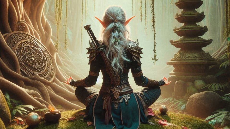 a female elf meditates in a peaceful forest on a rock near a shrine