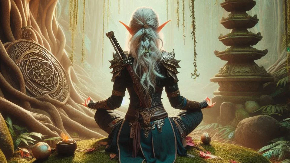 a female elf meditates in a peaceful forest on a rock near a shrine