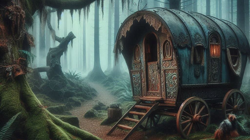 a fantasy travelling caravan resides within a misty forest