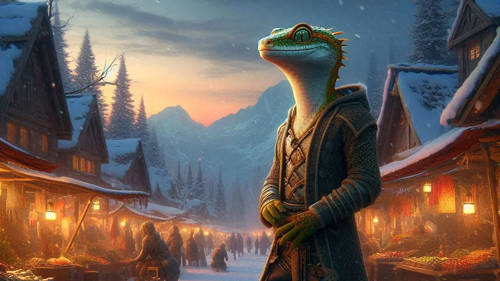 a gecko fantasy race in the snow at a market