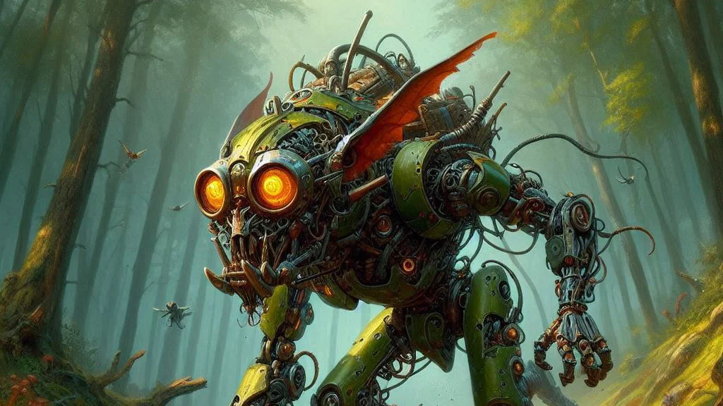 a goblinoid mech running through a forest