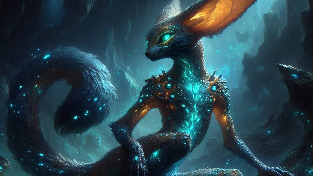 a humanoid race inspired by a fennec fox with bioluminescent skin in a dark cavern