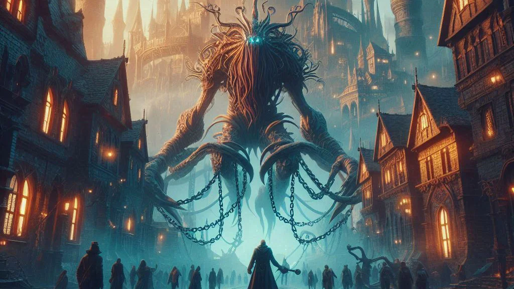 a monsterous creature looms over a city street as people watch