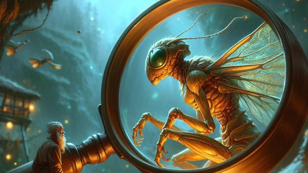 a tiny insect humanoid being looked at through a magnifying glass