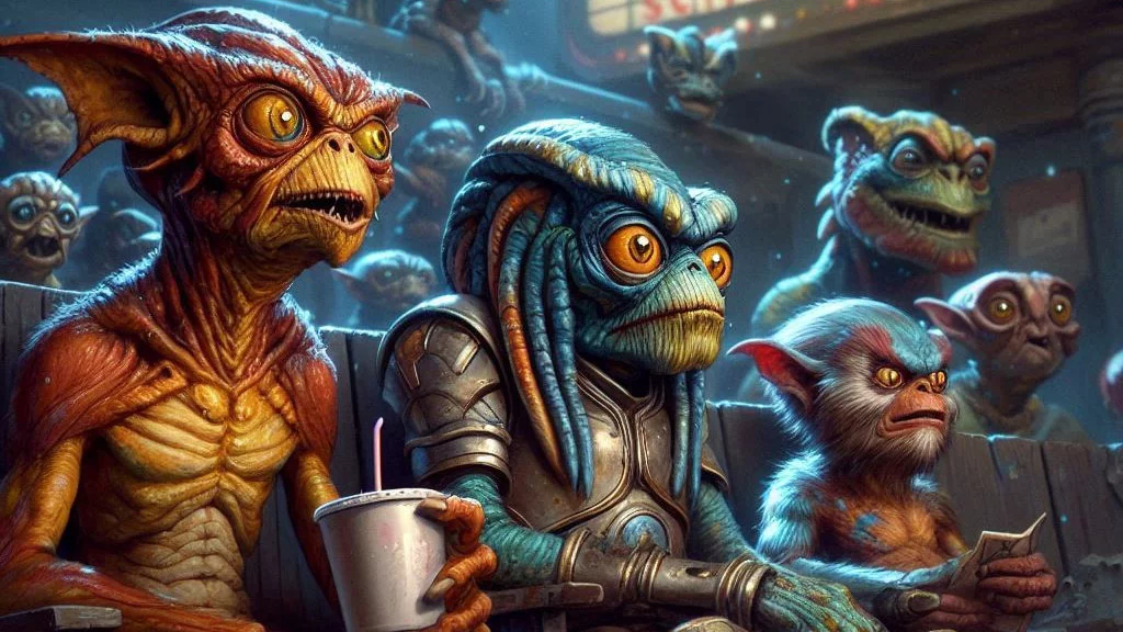 aliennoid races at a run down theatre watching a show