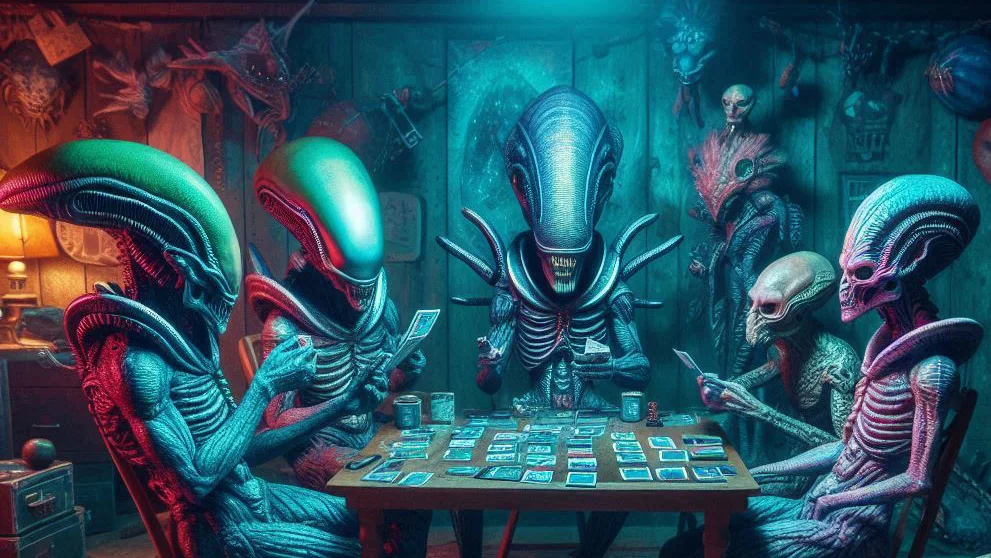 alienoid creatures playing a card game in a suburban basement