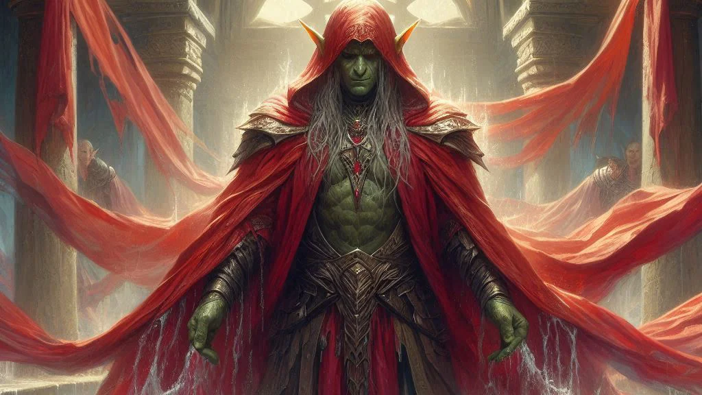 an elven cross orc man enters a ceremonial pool wearing a red robe