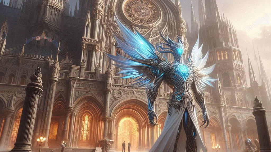 fantasy winged humanoid outside an impressive sci-fi court house