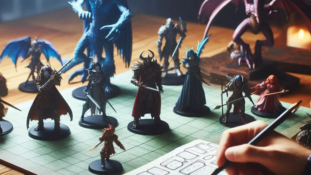 miniature figures on a desk for a TTRPG playtest