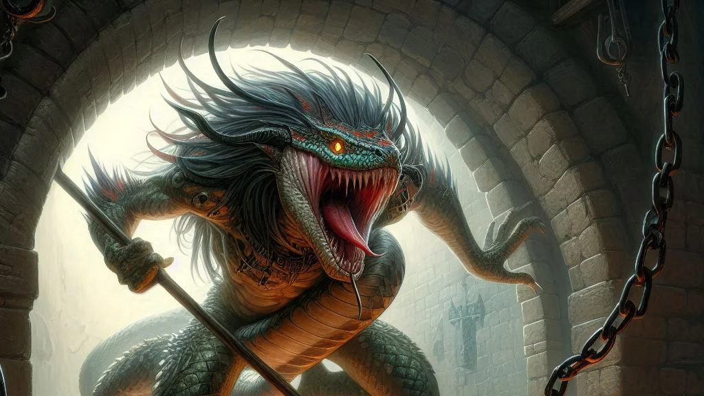 snake humanoid lunging through a stone dungeon doorway