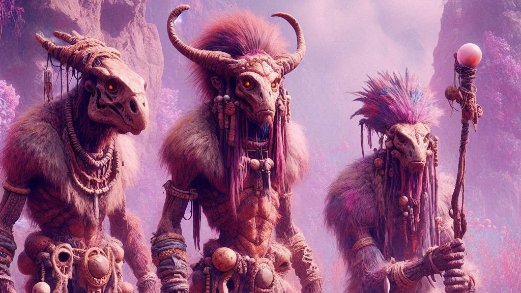 three fantasy figures standing on a flural alien planet with a purple backing