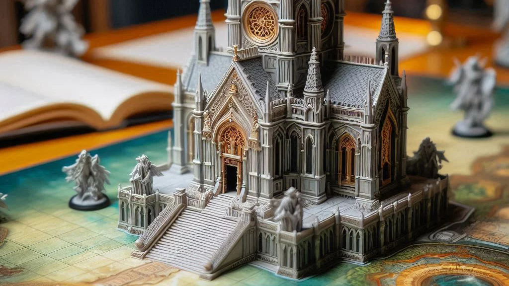 a fantasy religious building on a game table