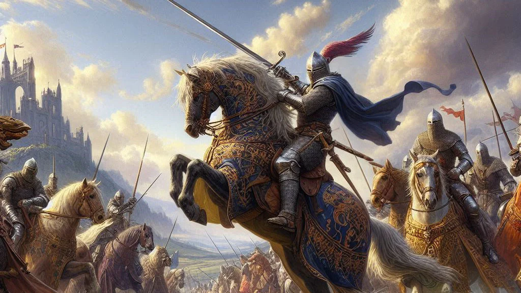 a horse bucks as a knight looks at the camera on the battlefield