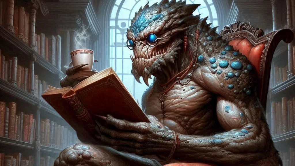 a monsterous humanoid sat in a library reading with a coffee