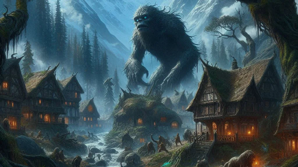a monstrous creature stalks a village with a stream
