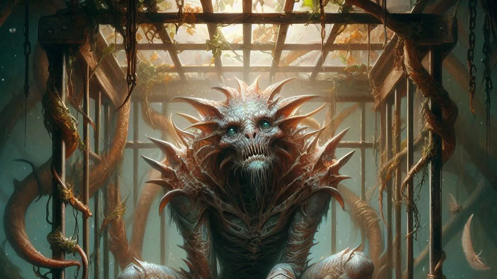 a monstrous fantasy race trapped in a prison cage