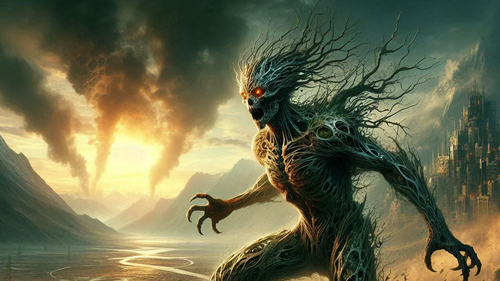 a monstrous humanoid emerges from an apocalyptic wasteland