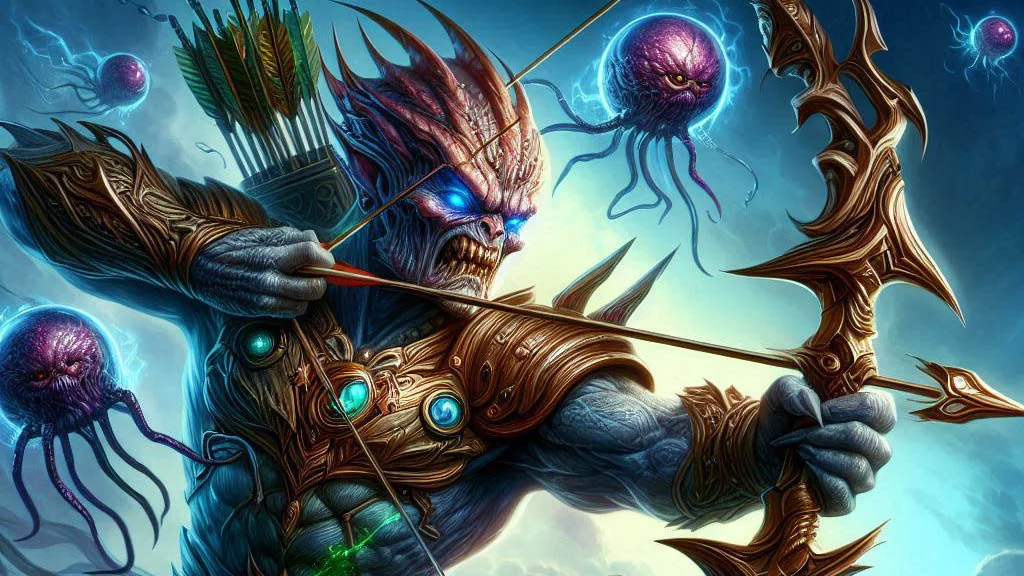 a monstrous humanoid proving their magic is mighty in archery