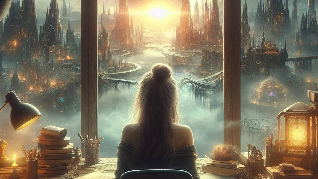 a woman looks out at a fantasy world through a window