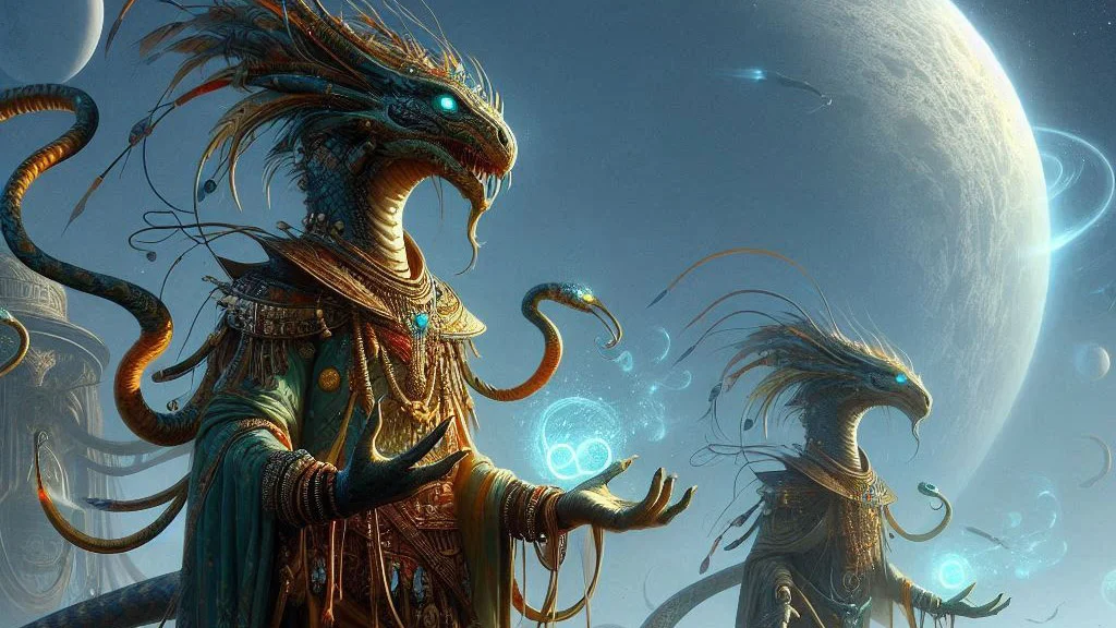 alien snake races meditating with a distant planet in the sky