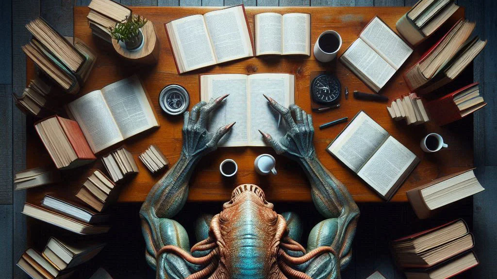 an aquatic alien surrounded by books of culture