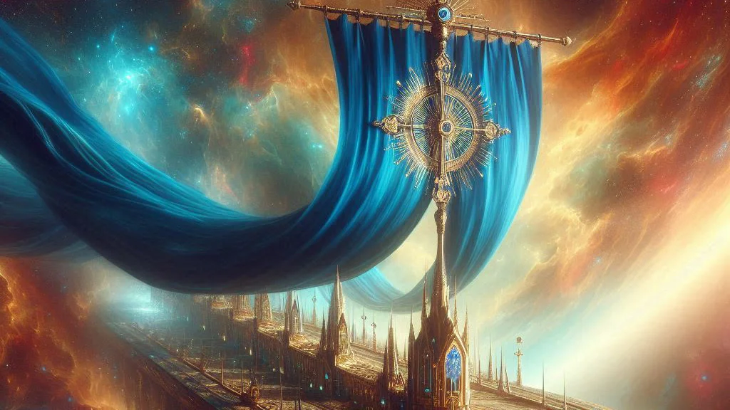 an enormous blue religious banner on a sci fi peninsula