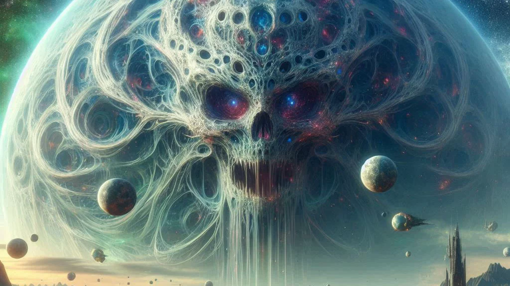 an evil monster face in a planet close to a fantasy civilisation