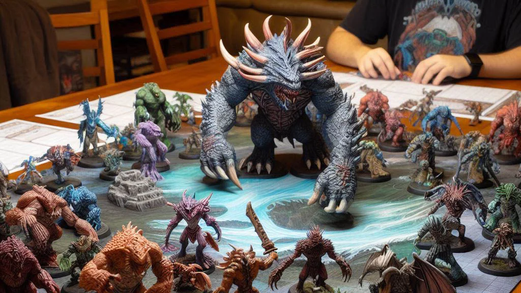 player character monsterous race miniature figues on the game table