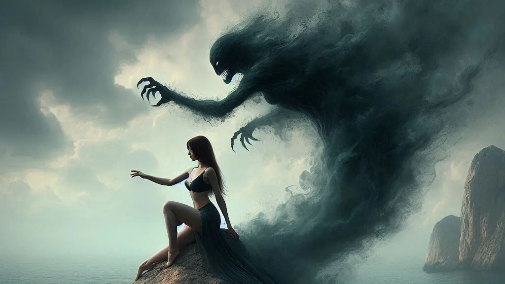 siren on a rock near the shore with a dark shadow demon looming over her